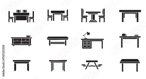 Collection of furniture icons featuring tables chairs and a sideboard