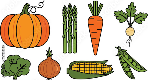 Collection of colorful hand drawn fresh delicious vegetables isolated on white background. Bundle of healthy and tasty vegan products, wholesome vegetarian food. 