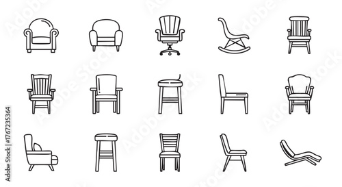 Collection of various chair icons in modern line art style