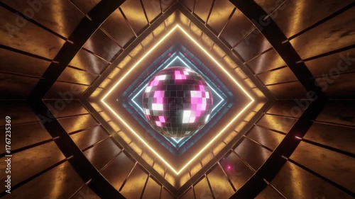 Neon lights illuminating a disco ball in a futuristic tunnel, creating a vibrant and energet