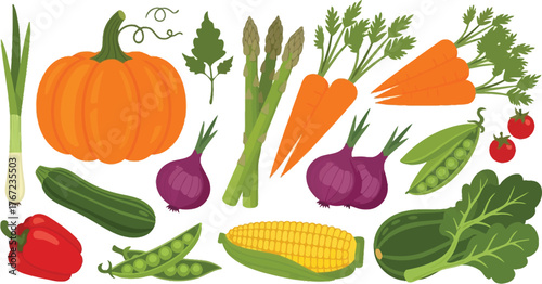 Collection of colorful hand drawn fresh delicious vegetables isolated on white background. Bundle of healthy and tasty vegan products, wholesome vegetarian food. 