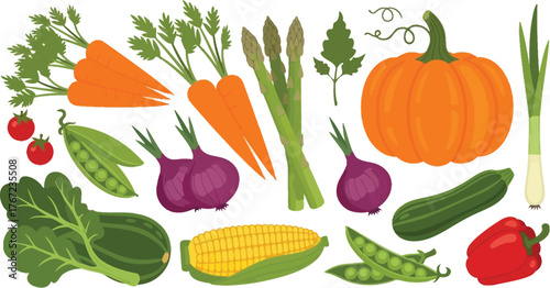 Collection of colorful hand drawn fresh delicious vegetables isolated on white background. Bundle of healthy and tasty vegan products, wholesome vegetarian food. 