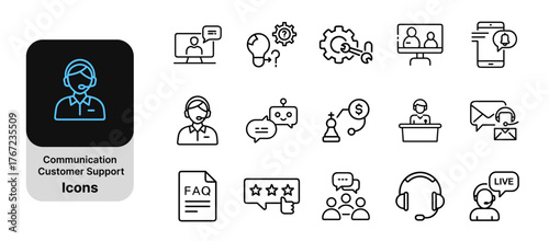 Communication and customer support line icons set including chat, headset, chatbot, FAQ, and feedback symbols
Customer service, communication, and support icons collection for business, help desk