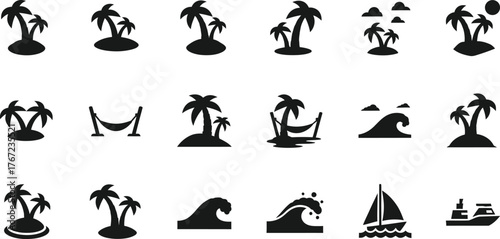Collection of black silhouette tropical island palm trees waves hammock sailboat and ship icons isolated on transparent background