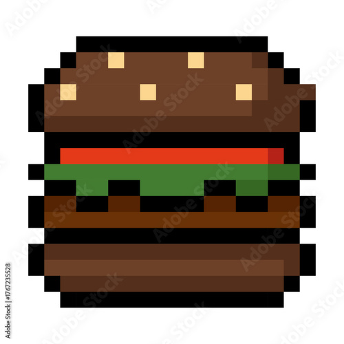 Pixel art illustration of a hamburger with a dark sesame bun, beef patty, fresh lettuce and a slice of tomato. Perfect for video games, mobile app icons, retro style game assets, gamification