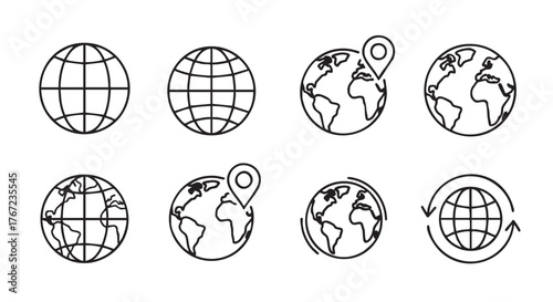 Collection of World Globe Icons Black and White Simple Design