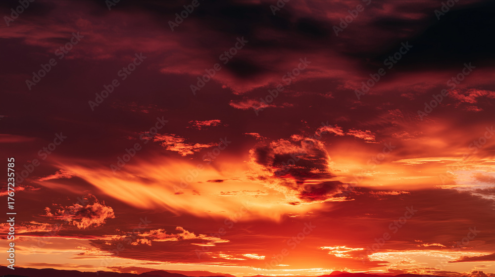 Fototapeta premium Crimson Canvas: A fiery sunset ablaze with a vibrant array of oranges, reds, and subtle cloud formations, it paints a breathtaking spectacle of nature's beauty and power.
