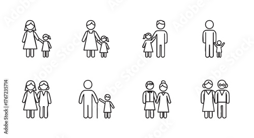 Different family structures depicted in simple black and white outline icons