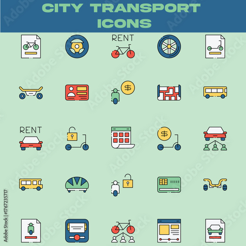 City Transport Rental Icon Set – Urban Mobility and Vehicle Sharing Flat Vector Illustration