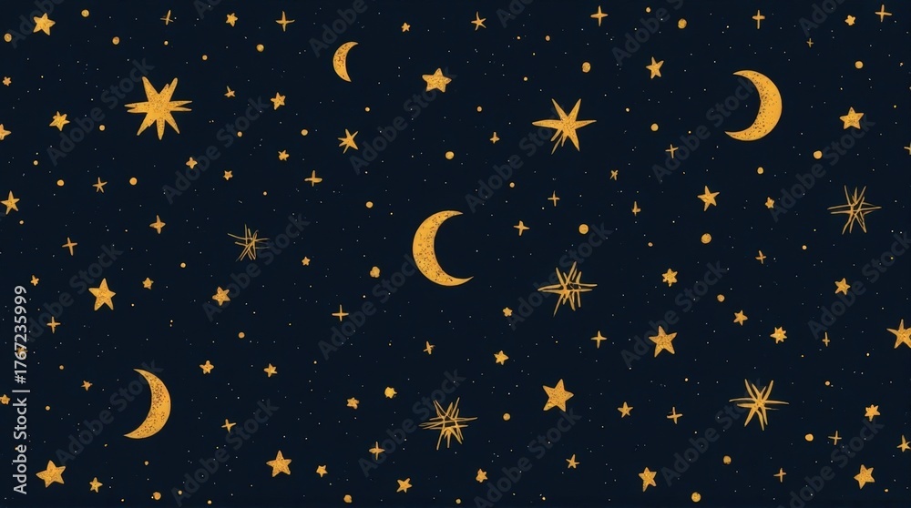 Golden Stars and Crescent Moons Pattern on Dark Night Sky Background for Holiday or Celestial Design