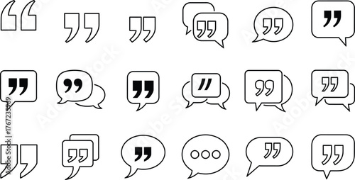 Black quotation marks on white background. Quotation Marks Signs. Inverted commas talking marks set. Talk bubble speech.