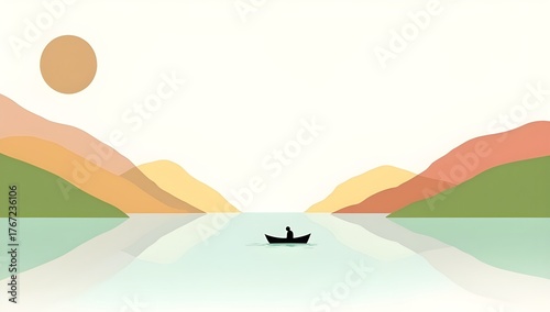 A small black rowboat drifts on a serene lake surrounded by stylized hills. The sun sets in the background, casting a peaceful ambiance.