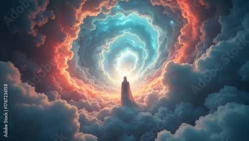 Mystical Figure in Radiant Clouds. A lone figure stands under a stunning spiral of colorful clouds. The vibrant hues create a sense of mystery and awe in the atmosphere.