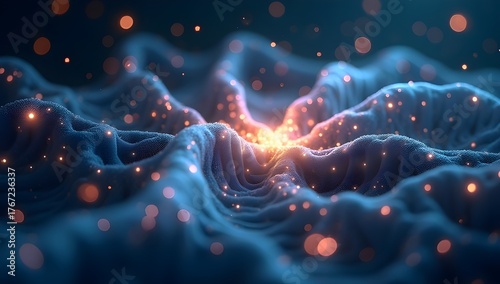 A mesmerizing cosmic scene with undulating waves emitting a radiant glow. Tiny lights float across the blue terrain, creating an ethereal atmosphere.