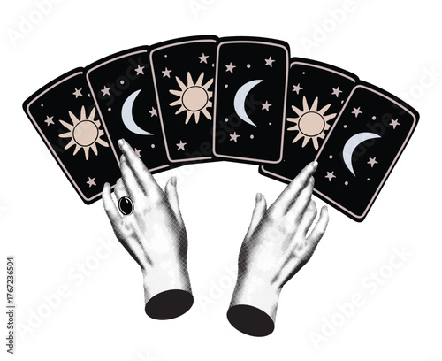 Hands holding Tarot cards with symbols of the Moon and Sun. Modern vector collage in halftone. Vintage engraving style. Concept of esotericism and fortune telling