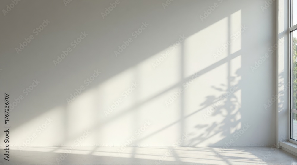 Fototapeta premium Sunlit Empty Room with Shadowed Wall and Large Window in Modern Minimalist Space