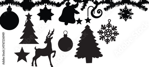 A festive collection of black silhouette christmas ornaments and decorations including trees a reindeer snowflakes and stars hanging against a white background perfect for holiday designs
