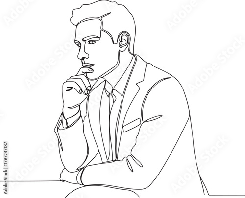 Single line drawing of a man in a suit thinking businessman