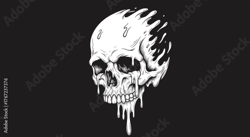 Detailed illustration of a melting skull with drips against a solid black background.