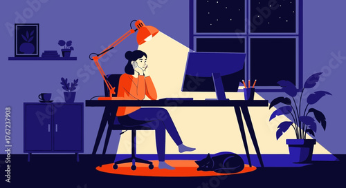 Night Owl Productivity Diligent Woman Working on Computer in a Dimly Lit Home Office, Her Workspace Brightened by a Warm Lamp Glow