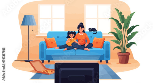 Mother and daughter enjoy a relaxed evening at home, comfortably seated on the sofa watching television. A domestic scene depicting family bonding, leisure, and shared happiness