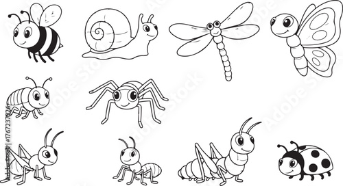 Cute cartoon collection of various insects and bugs in simple line art style for coloring