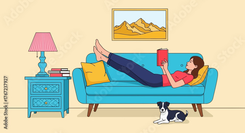 Relaxing at home A young woman unwinds comfortably on her cozy couch, enjoying a hot beverage while watching television in a modern, stylish living room interior