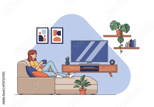 Relaxing at Home Woman Watching TV on Couch with Coffee and Plant Decor