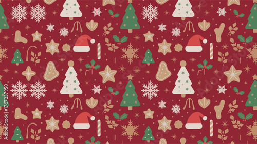 Vector art of festive christmas pattern with trees, snowflakes, and santa hats