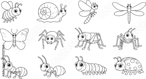 Collection of cute cartoon insects and bugs in black and white line art for children s illustrations