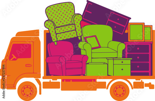 Moving truck filled with colorful furniture ready for relocation to a new home