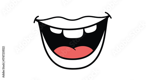 Cartoon mouth open wide showing teeth and tongue with black outline and white background.