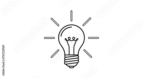 Outline illustration of a light bulb with rays of light emanating from it, symbolizing an idea.