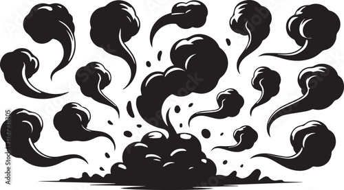 Vector art of collection of dark smoke plumes rising from a central explosion