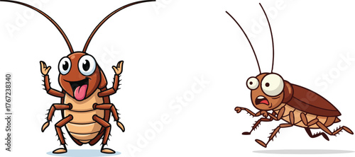 Two cartoon cockroaches with different expressions one happy and one scared against a white background