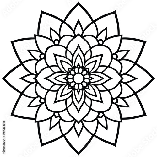 Intricate black and white mandala design with floral petals and geometric symmetry peaceful art