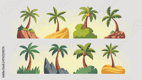 Vector art of collection of eight palm trees on sandy islands and rocks