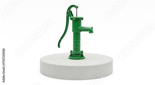 Green cast iron hand water pump on a white circular platform hand pump well pump