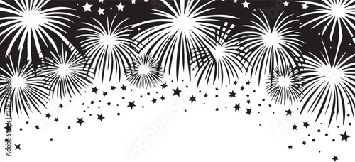 Vector art of red, white, and fireworks exploding in the night sky