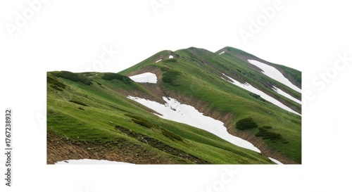 Mountain ridge with patches of snow.  Rolling green slopes ascend, with white snow clinging to shadowed sections.  A scenic view of the high alpine landscape