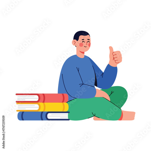 Cheerful student giving thumbs up while studying with books, showing success