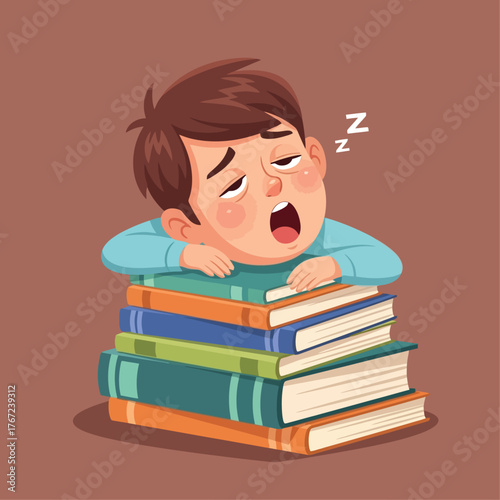 Tired student yawning while resting on a stack of books after a long study session
