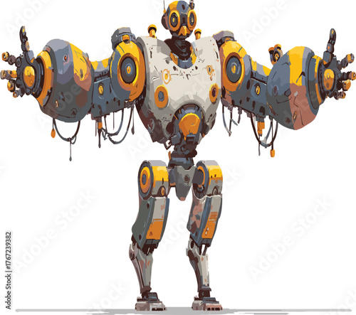 Vector art of powerful robot with arms outstretched