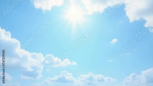 Sky Serenity: Witness the celestial symphony of nature, where radiant sunbeams dance through fluffy clouds against an endless azure canvas, evoking a sense of tranquility.