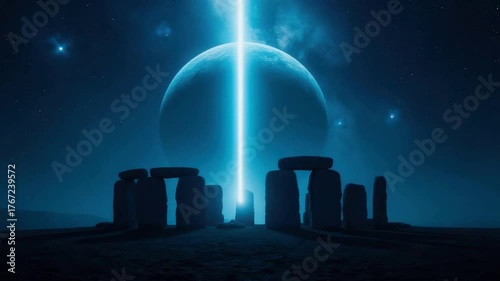 Mystical Stonehenge and Celestial Beam: Ancient stones of Stonehenge stand majestically under a vibrant night sky, pierced by a powerful beam of light.