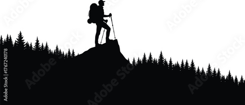 Silhouette of a hiker with a large backpack standing on a mountain peak overlooking a forest isolated on transparent background