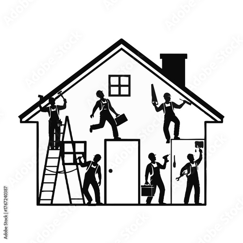 A silhouette illustration depicts various repairmen working inside a house, performing different home improvement tasks with tools.