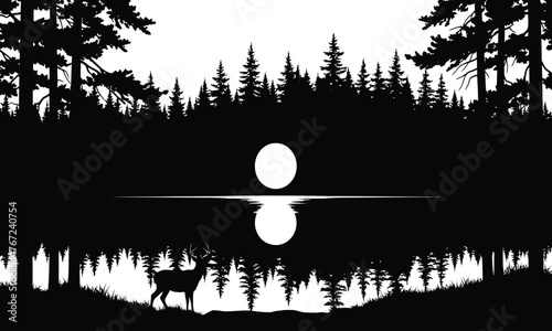 Silhouette of a deer standing by a lake reflecting the moonlit forest and sky isolated on transparent background