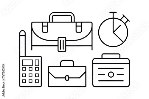 Business Icons Set Briefcase Walkie Talkie Stopwatch Line Art collection