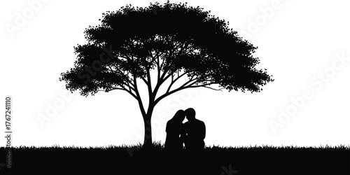 Romantic silhouette of a couple embracing under a large tree with a serene landscape in the background isolated on transparent background